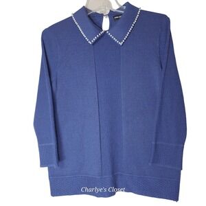 Karl Lagerfeld Paris Pearl Collar Blue Sweater M| Tradwife Classic Preppy